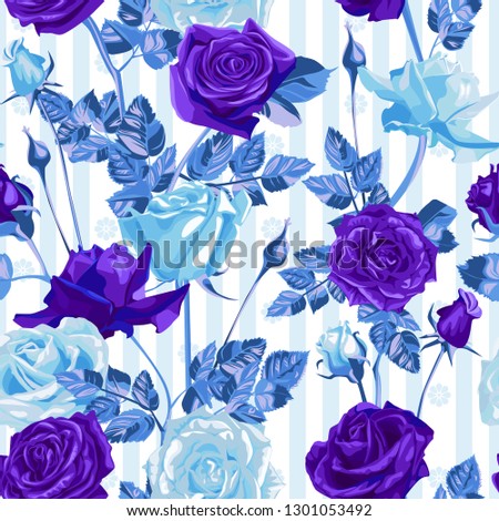 Seamless pattern of blue flowers roses and leaves.