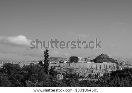 Acropolis of Athens Greece. View from Filopappou Hill. Monochrome picture.