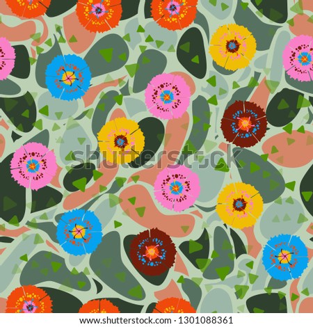 Seamless abstract pattern containing images of carnations.
The background consists of irregular spots with smooth outlines. Editable.