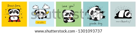 Vector set of vector cards with cute pandas and funny quotes for kid's interiors, banners and posters.