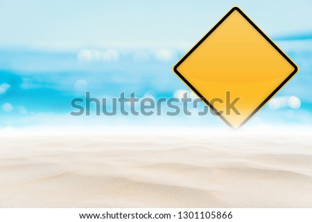 Empty yellow sign on blur tropical beach bokeh sun light wave abstract background. Copy space summer vacation and business travel concept. Vintage tone filter color style.