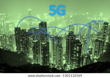 5G indicating new wireless technology with blur Hong Kong Skyline as background
