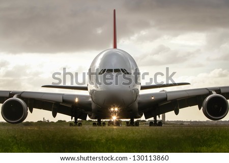 Airbus A380 jet airliner front view close-up Royalty-Free Stock Photo #130113860