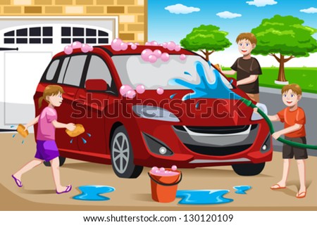 A vector illustration of happy kids helping their father washing car