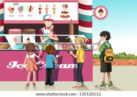 A vector illustration of kids buying ice cream at an ice cream stand