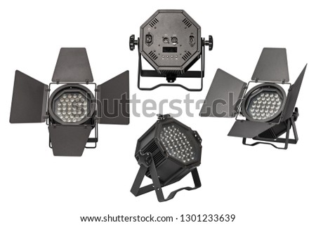 THEATRE STAGE SPOTLIGHT FOOTLIGHT. LED Theatre Spotlights Lamp Lights with Barn Doors. LED Theatre Stage Lighting. Concerts Video Film Studio Production Staging Lights. Isolated on white background Royalty-Free Stock Photo #1301233639
