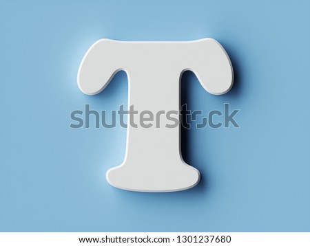 White paper letter alphabet character T font. Front view capital symbol on a blue background. 3d rendering illustration