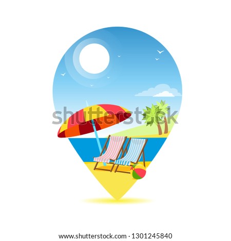 Map pointer. Summer beach. Concept of travel and recreation. Vector illustration isolated on white background.