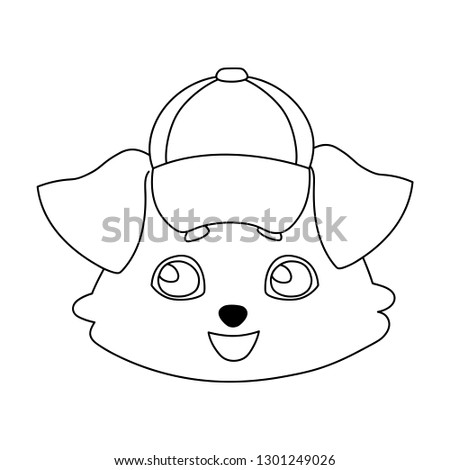 Happy Dog head in a cap with a visor. Linear, black and white image of a pet. Vector illustration for coloring book, stencil, design, prints.