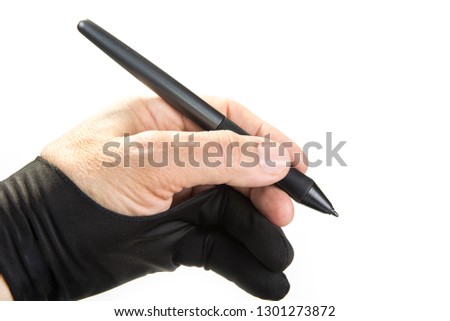 Painter glove on the hand with graphic tablet pen