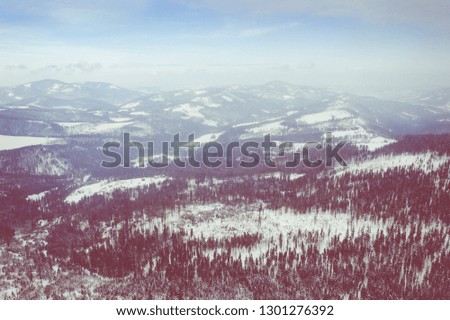 Winter scenery in Silesian Beskids mountains. View from above. Landscape photo captured with drone. Poland, Europe. 