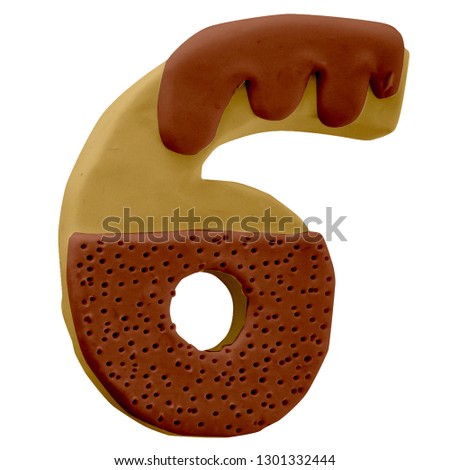 Colorful Play dough (Plasticine or Clay).6 number. Cake Font. Created by hands. Isolated on white background.- Image

