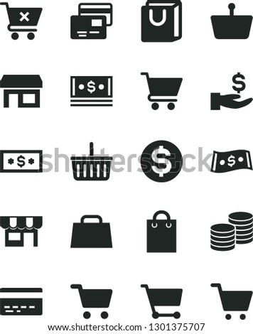 Solid Black Vector Icon Set - grocery basket vector, bank card, cart, crossed, bag with handles, cards, kiosk, coins, stall, shopping, dollar, get a wage, cash, hand