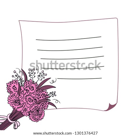 Colorful greeting card in vector with pink flowers and piece of notebook sheet. Free space for text. Decorative background. Illustration. Template for print, card, postcard