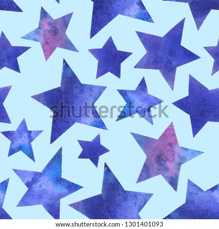 Seamless pattern with blue stars. Watercolor paint. Can be used as decoration for the gift boxes, wallpapers, backgrounds, web sites.