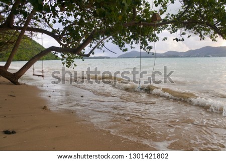 Rustic swing hand on the tree on the beach is in the water due to high water levels after rain with waves washing slowly moving it in Koh Lon Island Thailand