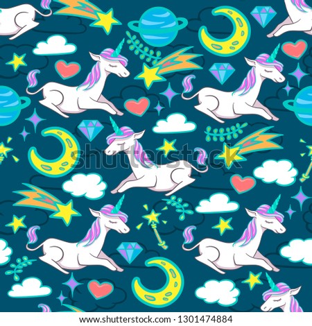 Seamless pattern with unicorns and magic elements. Vector illustration