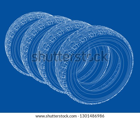 Car tires concept. Vector rendering of 3d. Wire-frame style. The layers of visible and invisible lines are separated