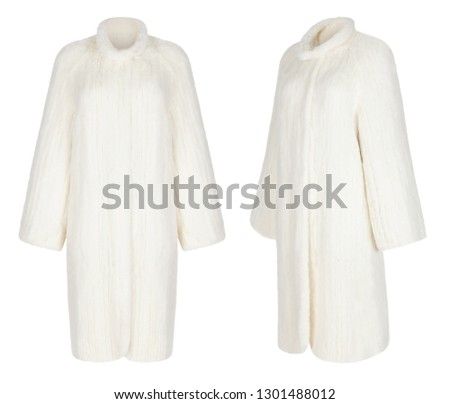 Luxurious fur coat, long sleeve, natural white fur, set, front and three-quarter view, clipping, ghost mannequin, isolated on white background