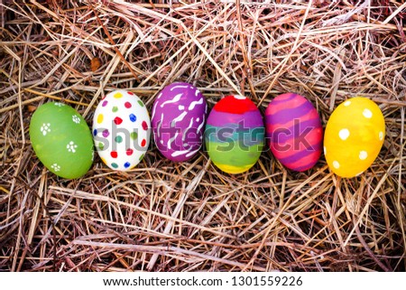 Colorful Easter eggs on hay