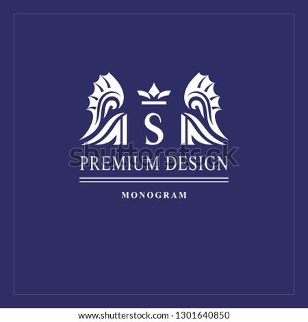 Art logo design. Capital letter S. Elegant emblem with crown, dragon wings. Beautiful creative monogram. Graceful sign for Royalty, business card, Boutique, Hotel, Heraldic. Vector illustration