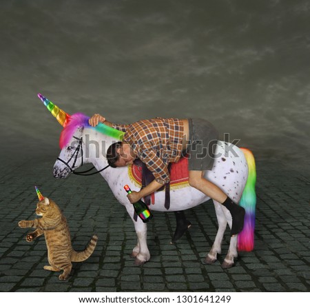 The drunk man with a bottle of bubbly is riding the unicorn. His cat is walking next to him.