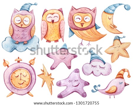 Watercolor hand painted fantasy illustration. Cute cartoon sleeping owls, stars on white background. Perfect for wallpaper, fabrics, scrapbooking, stickers, patterns, greeting cards