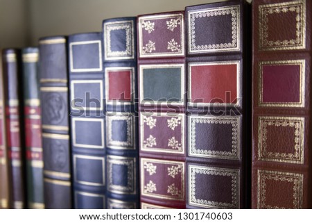 Books in classic covers are on the bookshelf , selective focus