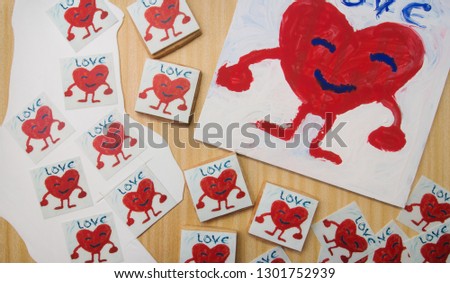 illustration of a red heart for Valentine's Day, painted with tempera fingers. Word love Painting for children February 14th. Cartoon with arms and legs. In love. Smiling. Doll. Cookies.