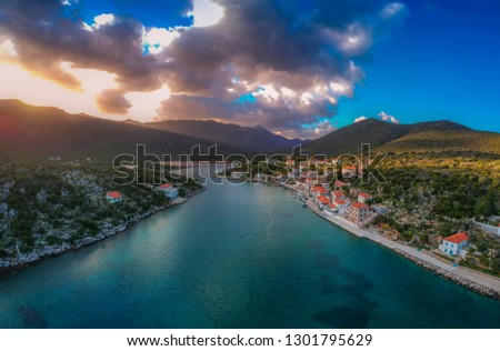 Beautiful aerial landscape at Ierakas, a picturesque fishing village in Laconia, Greece. The village is also known as the Greek natural Fjord due to the geomorphology of the place. Peloponnese, Greece