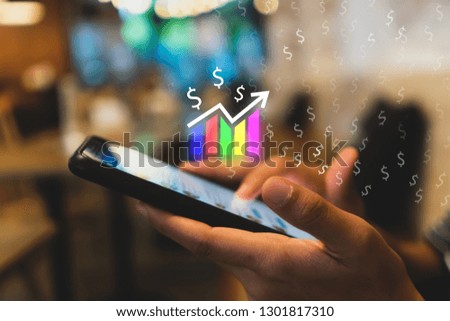 Market stock graph icon screen of smartphone background. Financial business technology freedom dream life using internet freedom life concept.