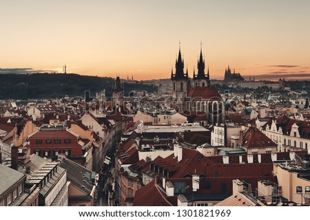 Church of Our Lady before Týn and Prague skyline rooftop view in in Czech Republic