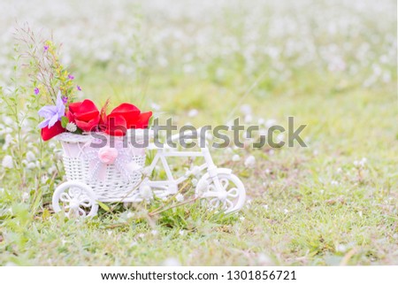 Bicycles carry a basket of flowers for greeting cards

