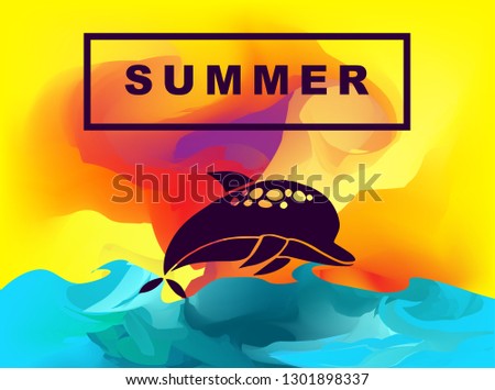 Vector Illustration of Summer Background Digital Painting with Dolphin Animal. Flat Line Icon for Graphic Design.