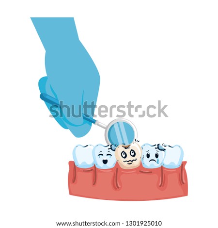 comic teeth with dentist hand using mirror