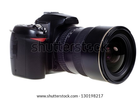 digital single lens reflex camera with zoom lense isolated on white background