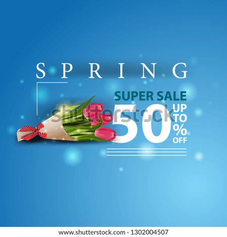 Spring sale. Pink banner with bouquet of tulips
