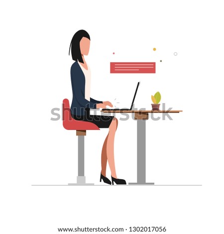 Business woman using laptop character. Social media infographic. Communication people with smart device.
