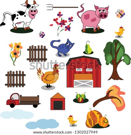 Farm animals illustration, Stickers with domestic animals, Colorful set of farm animals. Barn and trees on a white background. Doodles and sets for the design of the farm.