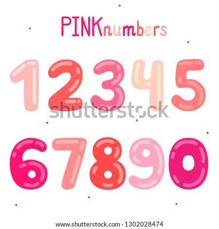 Cartoon pink numbers for girls in different shades of pink. Isolated object for birthday, party, anniversary, banner, card, celebration, invitation, math, vector, set, illustration.