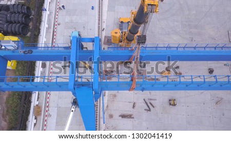 Top view of the repair gantry crane. Clip. Assembly of the crane on the construction site