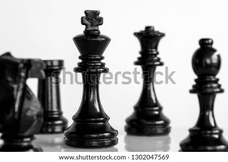 The black king and other black chess pieces. They are shown isolated from the background and only the king in the foreground is sharp. All the other pieces are shown blurry