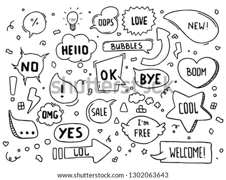 Hand drawn vector speech bubbles with hi, hello, thank you and many more in doodle style with cute arrows, hearts and stars.