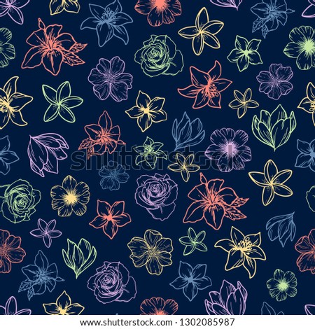 Seamless print/pattern created from hand drawn flowers on a dark blue background. Perfect for textile or fabric prints, bedding, scrapbooking, stationery, wrapping paper, product package design ideas.