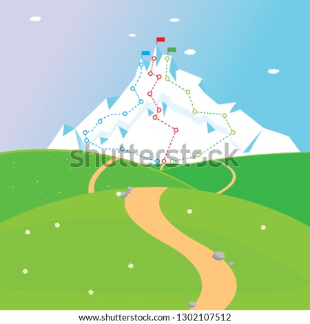 Route to the top of mountain. Grow your career. The purpose of the concept. Mission, vision. The concept of achieving the goal. Vector illustration. 