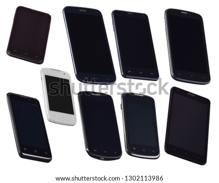 Nine different black mobile smart phones perspective view. For game design, smartphone mobile application presentation and mock-ups. Smartphones isolated on white background, clipping path included