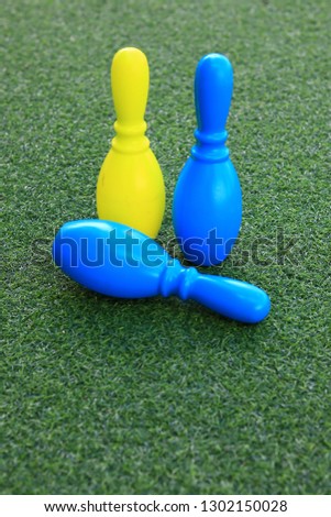 Blue and yellow plastic bowling pin toys on the green grass.