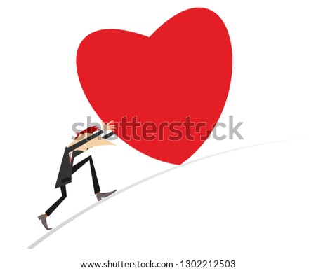 Man pushes a heart symbol illustration. Smiling man pushes a big heart isolated on white
