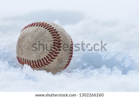 Baseball stuck in snow and ice during winter waiting for spring time.