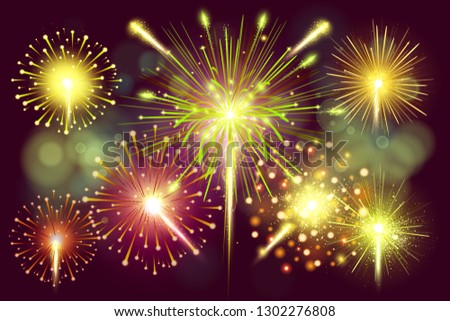 Colorful fireworks set. Bright festive realistic vector fireworks illustration. New Year Christmas firework. Firework explosion, star or stardust. Anniversary celebration bright colors background
